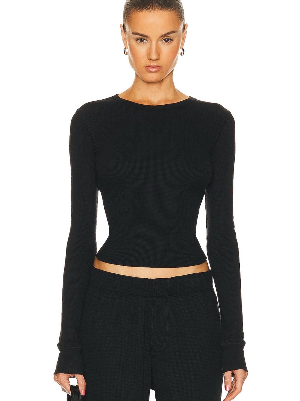 Eterne cropped Thermal Long-Sleeve Black Ribbed Crewneck Top